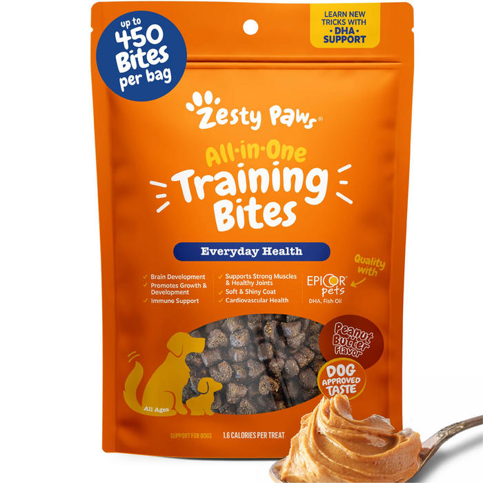 Orange Zesty Paw pouch containing small brown training bites with peanut butter flavor, showing up to 450 bites per bag.