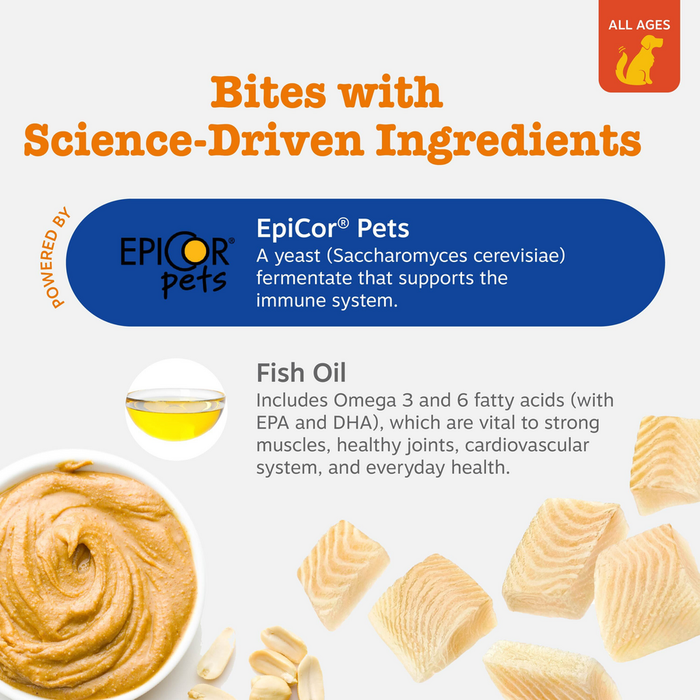 Small tan and beige dog training bites displayed with ingredient information including EpiCor Pets yeast and fish oil on whit
