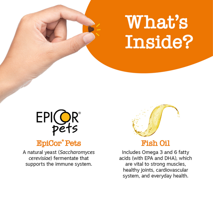 Hand holding small brown dog treat with orange banner, EpiCor Pets and Fish Oil ingredient information displayed below.