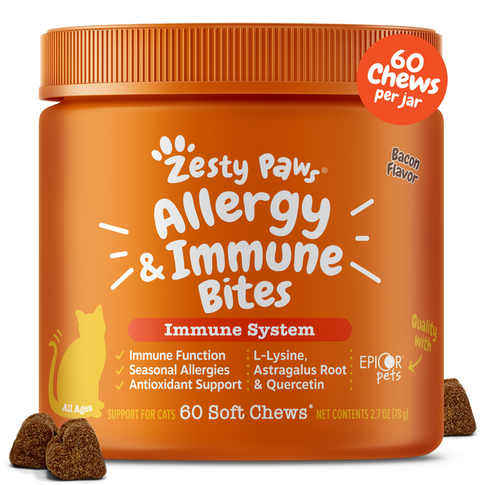 Orange jar of Zesty Paw Allergy & Immune Bites for cats in bacon flavor, containing 60 soft chews.