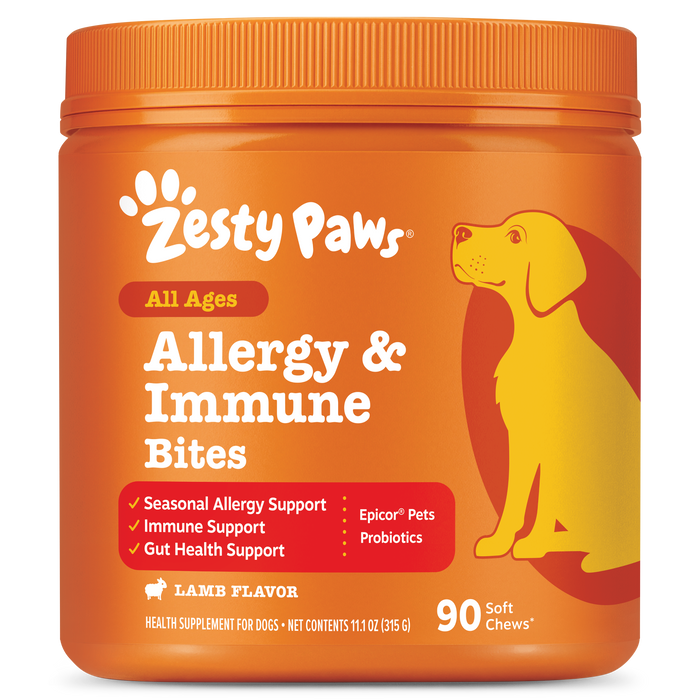 Orange container of Zesty Paws Allergy & Immune Bites dog supplement with yellow dog illustration and product details on labe