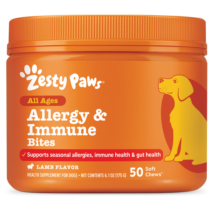 Orange jar of Zesty Paws Allergy & Immune Bites for dogs in lamb flavor, containing 50 soft chews.
