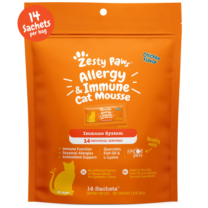 Orange Zesty Paw pouch containing 14 sachets of Allergy & Immune Cat Mousse in chicken flavor.