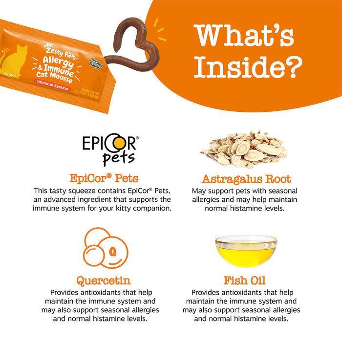 Orange packet of Zesty Paws Allergy & Immune Cat Mousse with brown heart-shaped squeeze applicator and ingredient information
