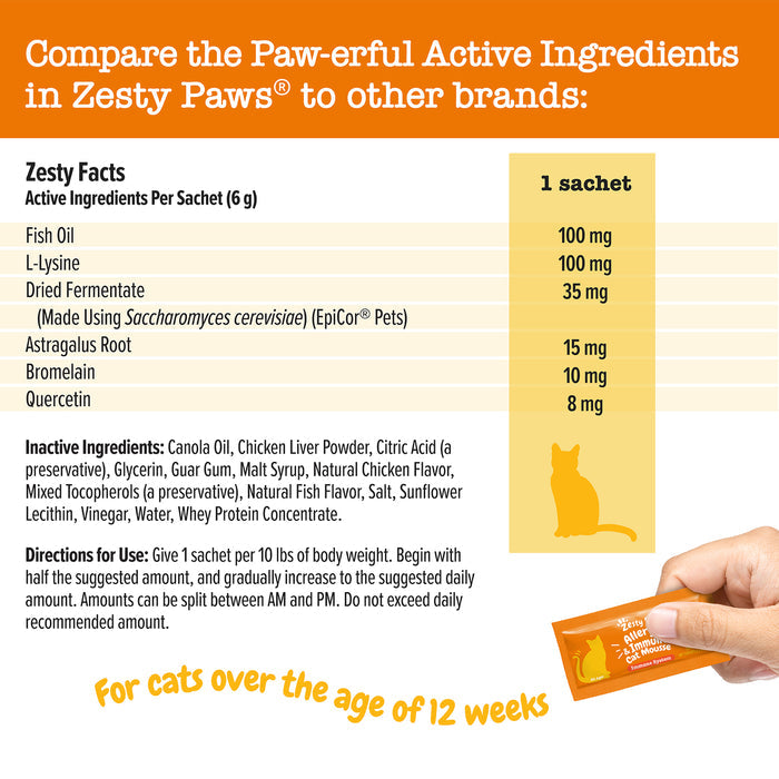 Orange sachet packet held in hand displaying nutritional information and ingredient list for cat supplement mousse.