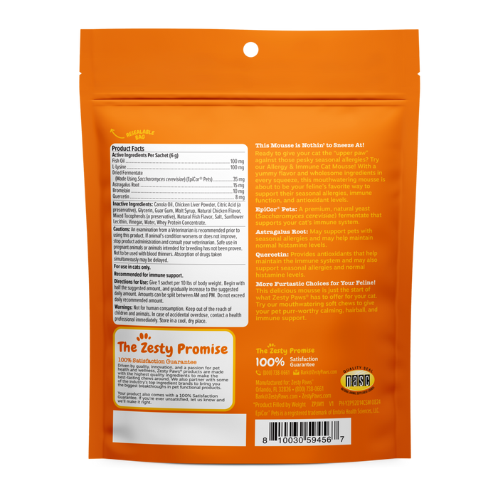 Orange resealable pouch of Allergy & Immune Cat Mousse with product facts, ingredients, and feeding instructions printed on b