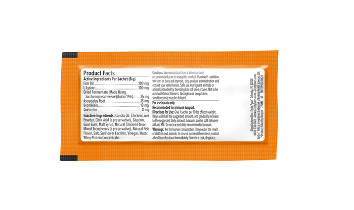 Orange sachet packet with white product facts label listing active ingredients and usage instructions for feline allergy and