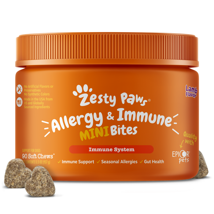 Orange jar of Zesty Paws Allergy & Immune Mini Bites with tan-colored soft chews displayed in front.