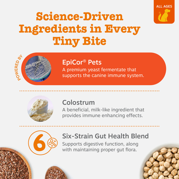 Small dog treat bites with EpiCor Pets, colostrum, and six-strain gut health blend for allergy and immune support.