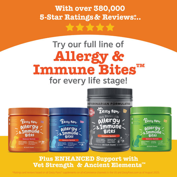 Four containers of Zesty Paw Allergy & Immune Bites dog supplements in orange, blue, gray, and green jars.
