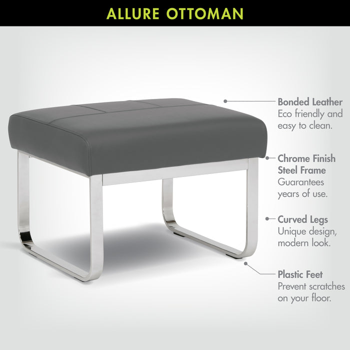 Allure Modern Rectangular Ottoman in Blended Leather, Chrome / Smoke Gray 70218