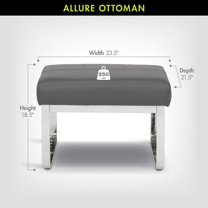 Allure Modern Rectangular Ottoman in Blended Leather, Chrome / Smoke Gray 70218