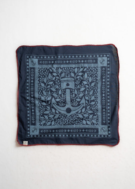 Navy bandana with anchor and leaf design, bordered by stars and arrows. Red stitching edges. Iron & Resin branding visible.