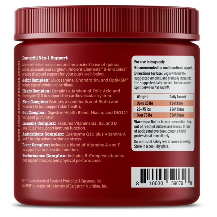 Dark red jar with ridged cap containing dog supplement chews, labeled with ingredient information and dosage instructions on