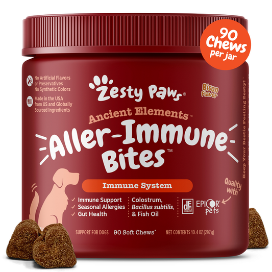 Dark red jar of Zesty Paws Aller-Immune Bites dog treats with brown soft chews displayed in front.