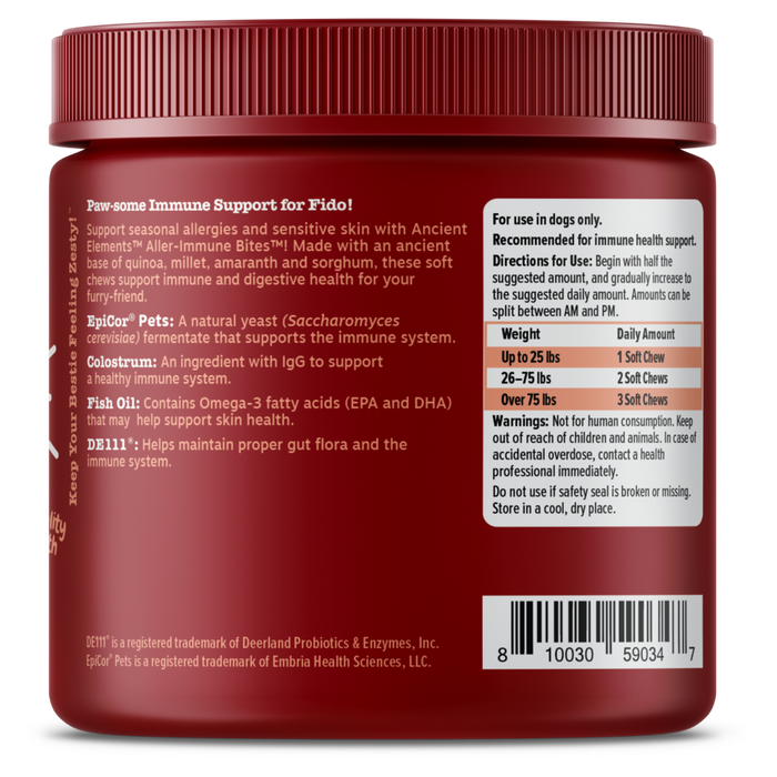 Dark red jar with ribbed cap containing soft chews for dogs, labeled with ingredient information and dosage instructions on w