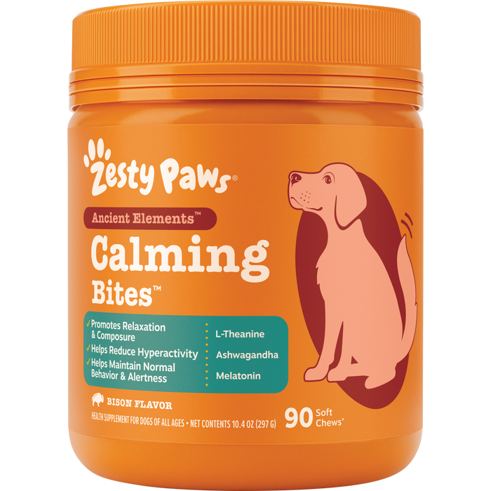 Orange jar of Zesty Paws Calming Bites dog treats with illustrated dog, containing 90 soft chews.