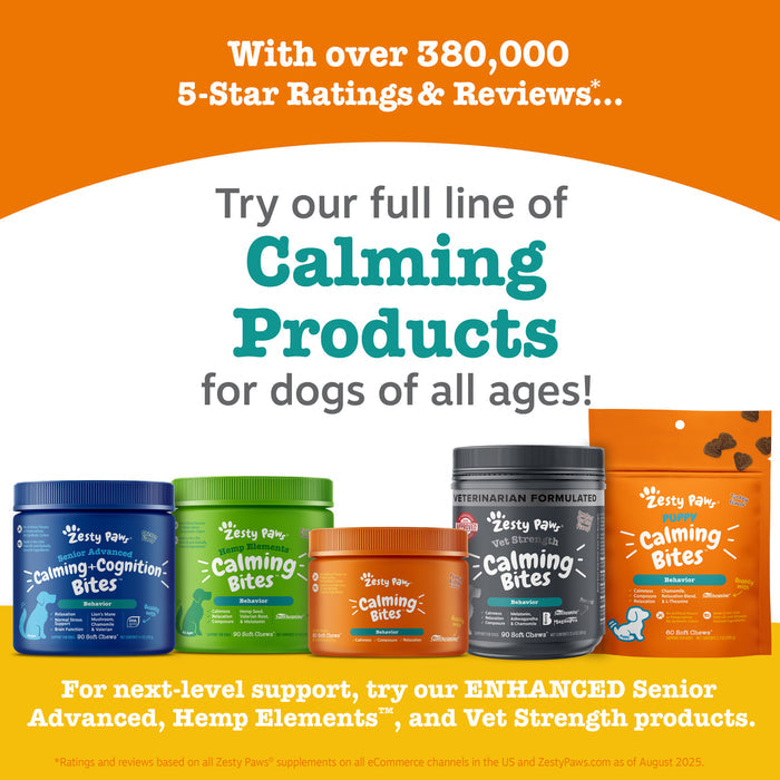 Five bottles of dog calming bites in blue, green, orange, and gray containers with orange packaging displayed on yellow backg