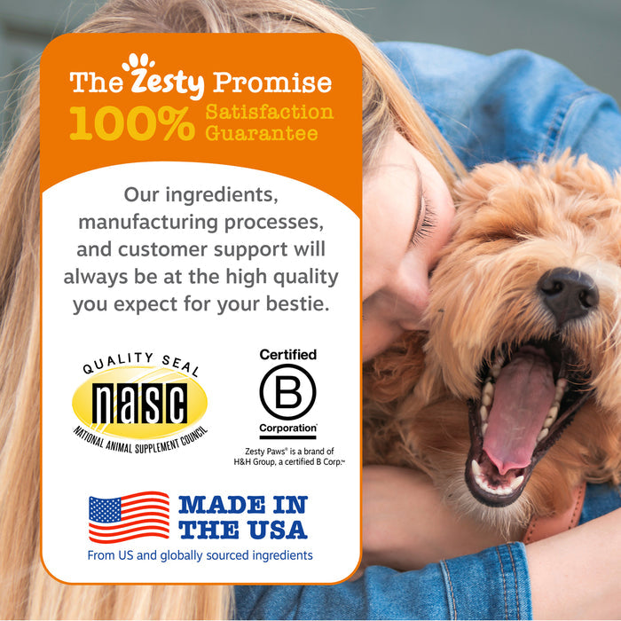 Light brown dog with mouth open held by person in blue shirt, with product information card displayed in front.