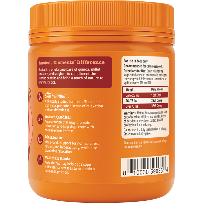 Orange bottle of dog calming supplement with orange ribbed lid, ingredient and usage information on label.