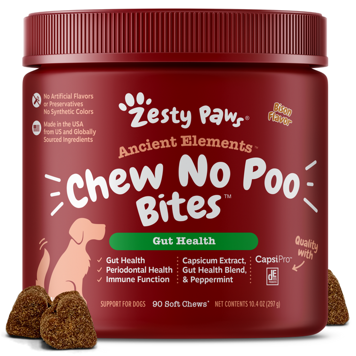 Red jar of Zesty Paws Ancient Elements Chew No Poo Bites with brown soft chew treats displayed in front.