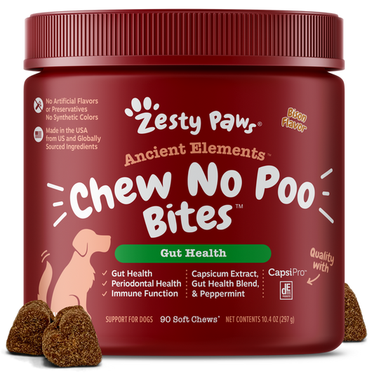 Red jar of Zesty Paws Ancient Elements Chew No Poo Bites with brown soft chew treats displayed in front.