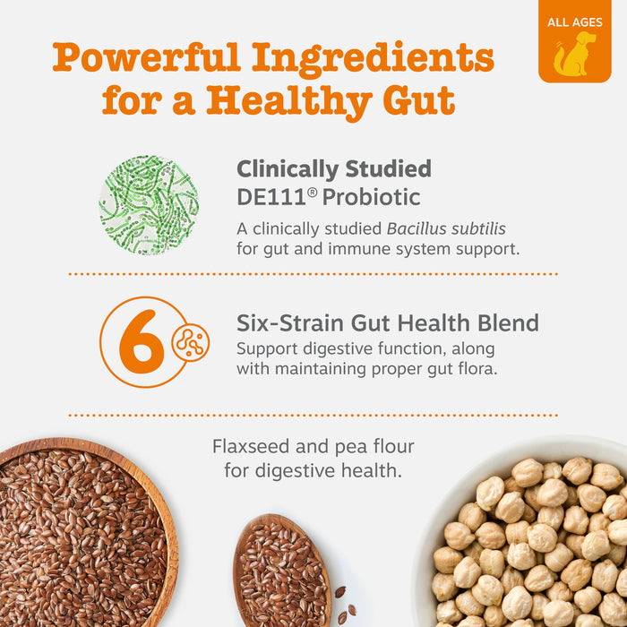 Infographic showing product ingredients including green bacteria illustration, orange "6" strain icon, bowls of flaxseed and