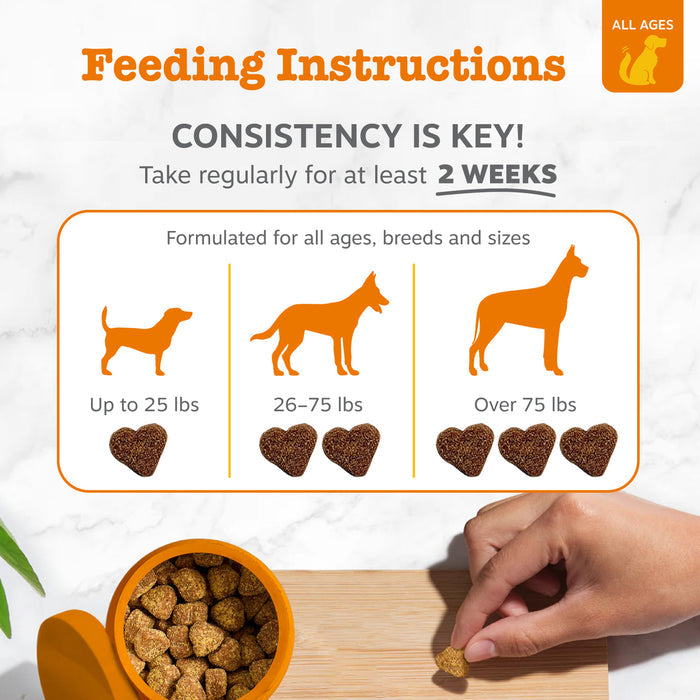 Feeding instructions chart showing dosage guidelines for dog treats by weight with silhouettes and heart-shaped bite pieces.