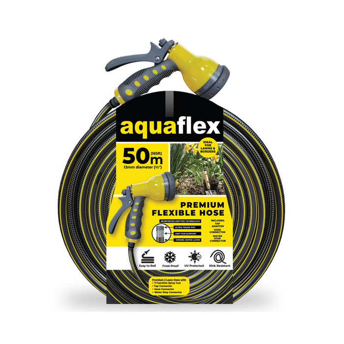 AquaFlex Premium Flexible Garden Hose With 7 Function Spray Gun 50M