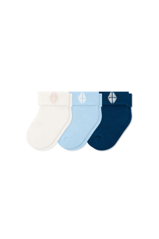 Three socks in Cloud, Stream, and Tahoe laying flat on a white background.