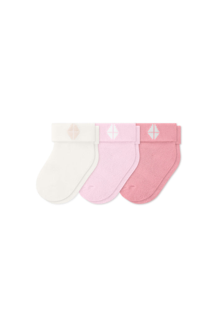 Three socks in Cloud, Sakura, and Crepe laying flat on a white background.