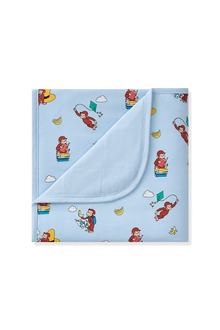Blue Baby Blanket with Curious George 1.0 print on a white background