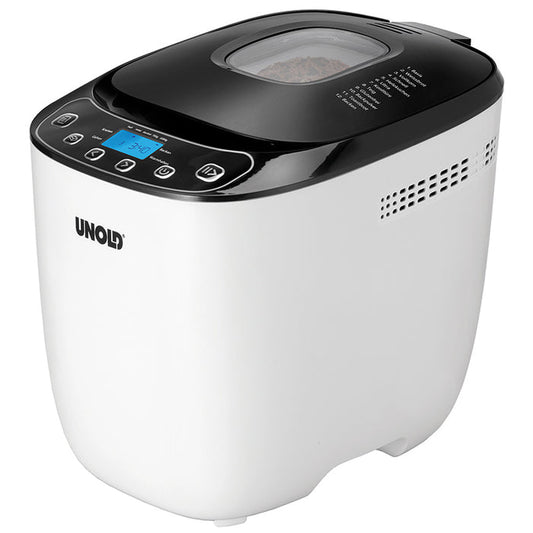 Der Unold 68010 Backmeister® Design Brotbackautomat in Weiß und Schwarz verfügt über eine digitale Anzeige, Bedientasten und ein Sichtfenster auf dem Deckel, abgebildet auf schlichtem weißem Hintergrund.