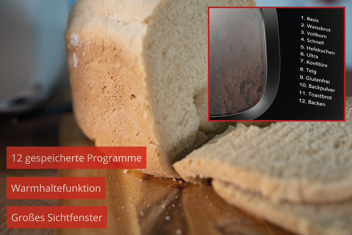 Ein Laib Brot auf einem Holzbrett mit dem Unold 68010 Backmeister® Design Brotbackautomaten im Hintergrund. Inset zeigt sein Bedienfeld mit 12 gespeicherten Programmen, Warmhaltefunktion und großem Sichtfenster an.