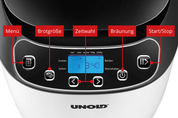 Nahaufnahme des Bedienfelds des Brotbackautomaten Unold 68010 Backmeister® Design mit deutsch beschrifteten Tasten (Menü, Brotgröße, Zeitwahl, Bräunung, Start/Stopp), Display mit 3:40 und Symbolen. Der Markenname Unold ist darunter sichtbar.