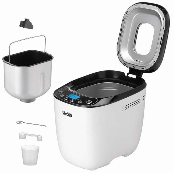 Der Brotbackautomat Unold 68010 Backmeister® Design von Unold in Weiß und Schwarz ist mit geöffnetem Deckel, herausnehmbarer Backform, Messbecher, Knethaken und Rührbesen auf weißem Grund abgebildet. Er verfügt über ein digitales Bedienfeld.