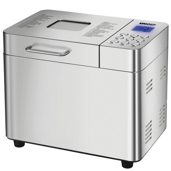 Der Unold Backmeister® Edel ist ein Brotbackautomat aus Edelstahl mit Digitalanzeige, Bedientasten, seitlichem Griff und einer Liste der Backprogramme auf der Oberseite.