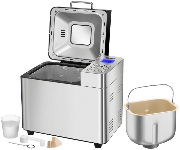 Der Unold Backmeister® Edel Brotbackautomat aus Edelstahl verfügt über einen offenen Deckel, der das Bedienfeld und den Innenraum freigibt. Im Lieferumfang enthalten sind Messbecher, Löffel, Knethaken, Knethaken und eine abnehmbare Brotbackform mit Griff.