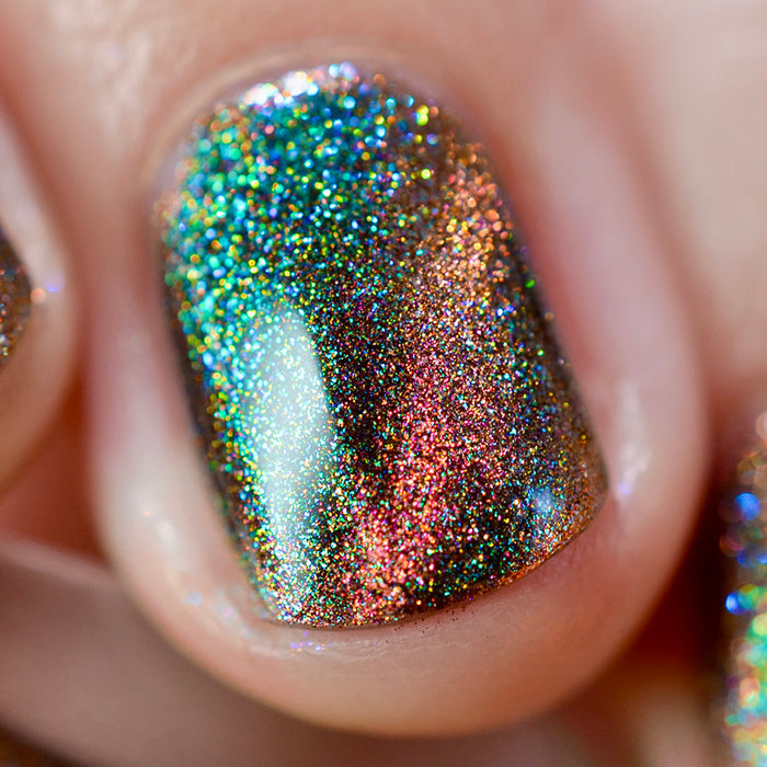 Close-up of one nail painted with Baeocystin Nail Lacquer on fair skin tone.