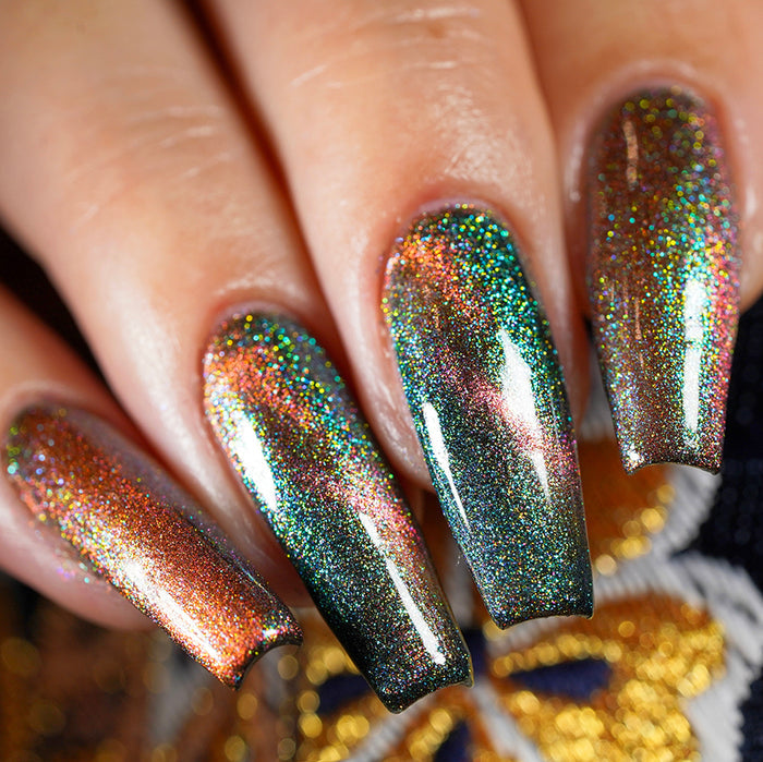 Close-up of nails painted with Baeocystin Nail Lacquer on fair skin tone.