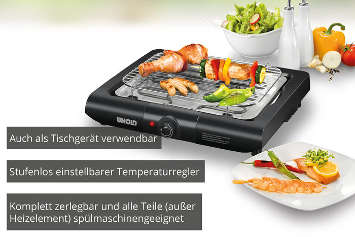 Der Unold Barbecue-Grill Black Rack ist ein elektrischer Tischgrill mit gegrilltem Fleisch, Gemüse und Salaten. Der deutsche Text hebt die einstellbare Temperaturregelung und die spülmaschinenfesten Teile hervor.
