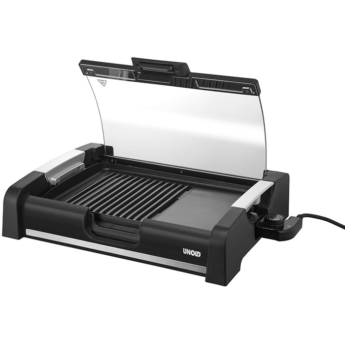 Der Unold Barbecue-Grill Edel verfügt über ein schwarz-silbernes Design, einen Glasdeckel, eine gerippte Grillfläche, einen Temperaturregler auf der rechten Seite und den Markennamen Unold auf der Vorderseite.