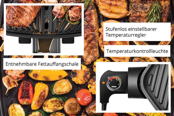 Eine Nahaufnahme des Unold Barbecue Power Grills zeigt das Garen von Fleisch und Gemüse. Die Beschriftungen weisen auf die herausnehmbare Fettauffangschale, die einstellbare Temperaturregelung und die Temperaturanzeige hin.