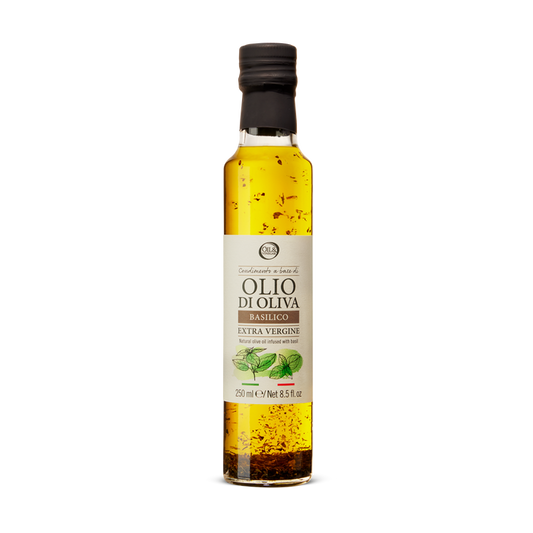 Bottle of Olio di Oliva basilico olive oil on a white background