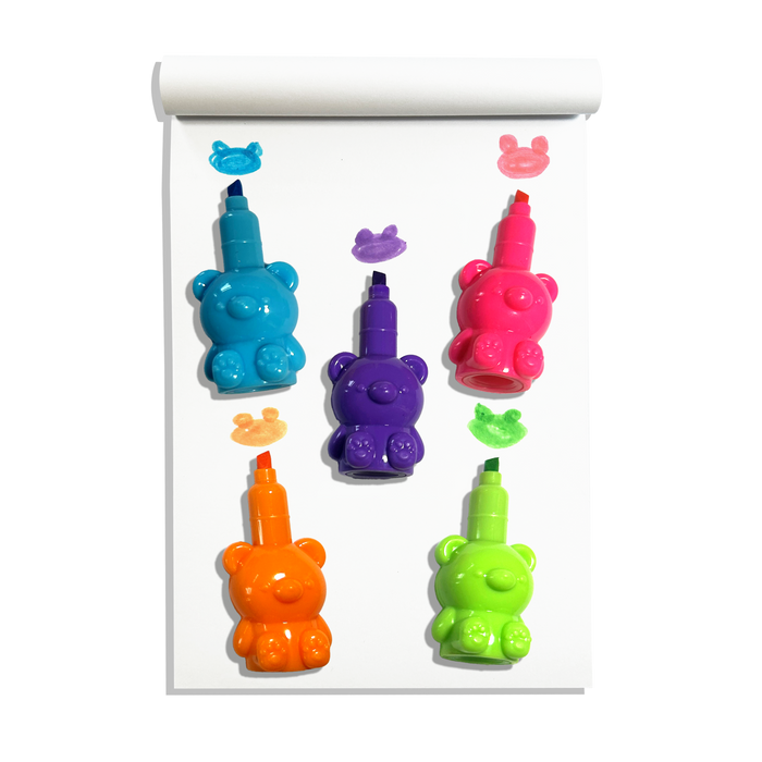 Individual OOLY Bear Besties Stacking Highlighters on a white sketchbook showing bear shaped color swatches