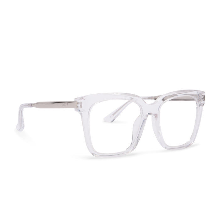 Bella eyeglasses with clear crystal frames and blue light technology lens angle view