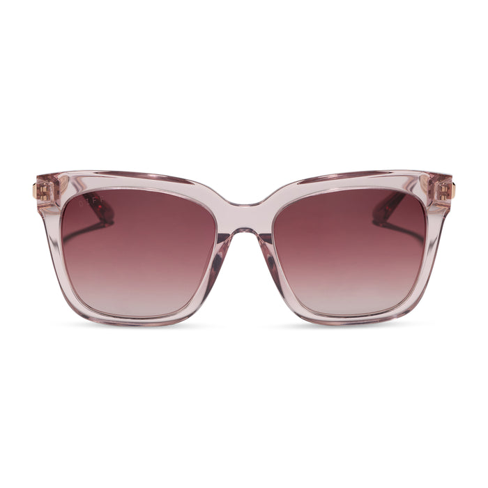 diff eyewear bella square sunglasses light pink crystal frame with wine gradient lenses front view