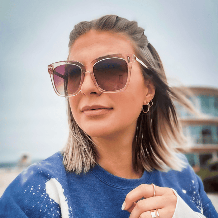 UGC - diff eyewear bella square sunglasses with a light pink crystal frame and wine gradient lenses