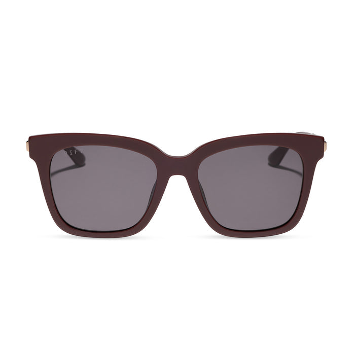 diff eyewear bella oversized square sunglasses with a rugby red acetate and gold metal frame with grey lenses front view