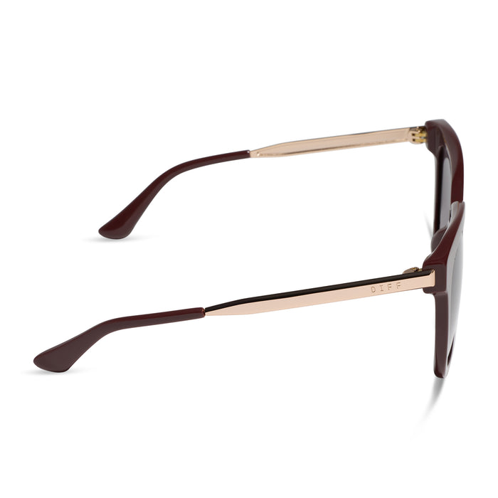 diff eyewear bella oversized square sunglasses with a rugby red acetate and gold metal frame with grey lenses side view